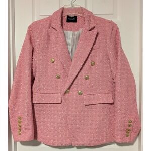 DOLCE CABO Pink Tweed Double Breasted Blazer Gold Buttons Women's XL $160